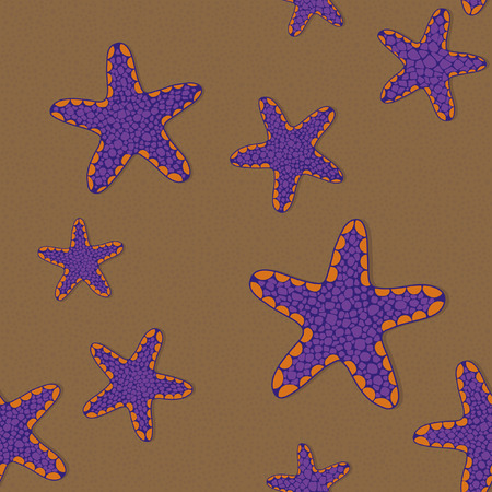 Seamless pattern with violet and orange star fish on a sandy background. のイラスト素材