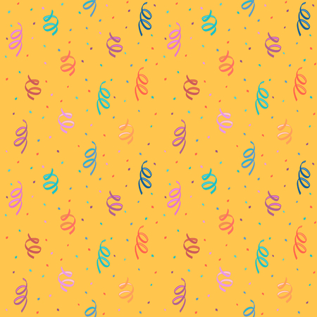 Seamless birthday pattern with a colorful confetti on a yellow background. Bright background with a spiral confetti for holiday design.のイラスト素材