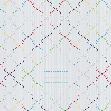 Traditional Japanese Embroidery Ornament and text frame. Pine bark Sashiko motif Matsukawa-Bishi. Abstract vector backdrop. Needlework texture. Can be used as seamless pattern.のイラスト素材