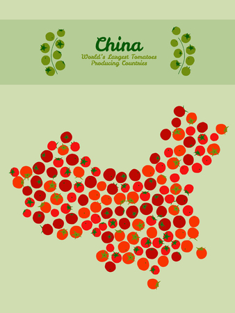 Illustration. Map of China made out of red tomatoes. Vegetarian postcard. China map poster or card. Series: World?s Largest Tomatoes Producing Countries. Red tomato background.のイラスト素材