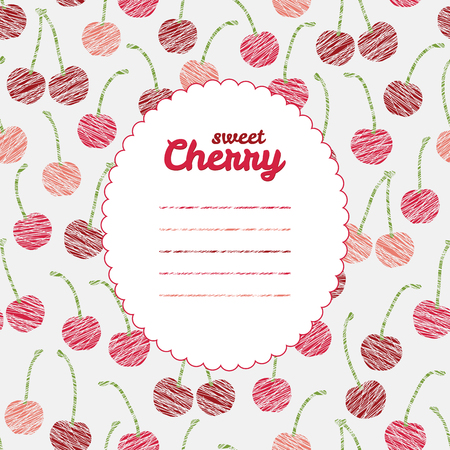Text frame. Repeating backdrop with scratched cherries. Summer harvest background. Endless cherry texture. Dessert texture. Berry template. Can be used as seamless pattern.のイラスト素材