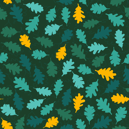 Autumn texture with oak leaves. Seamless pattern. Green leaf backdrop. For wallpaper or printing on fabric. 'Autumn soon' theme.のイラスト素材
