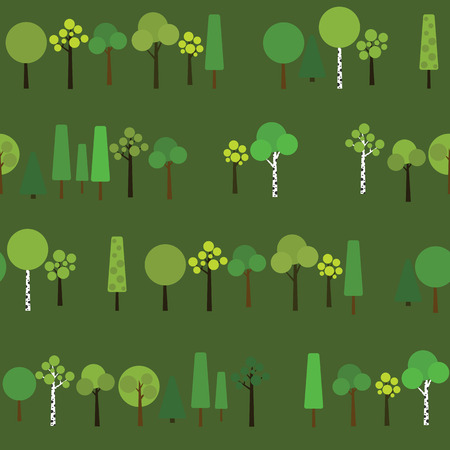 Seamless pattern with geometric trees on a dark green background. Plain Nature Pattern for decoration or background. Texture with various trees in the wood or grove.のイラスト素材