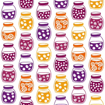 Fun seamless pattern with the colorful fruit jam jars. Shadeless plane ornate. Simple background with jam jars for decoration.のイラスト素材
