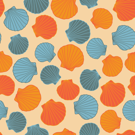 Seamless seashell template. Abstract pattern. Bright orange and green. Set of colorful starfishes. Endless ornament. Can be used for wallpaper, pattern fills, web page background, surface textures.のイラスト素材