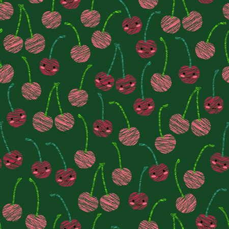 Seamless pattern with scratched smiling cherries, summer harvest background. Japanese manga style. Endless texture, fruit background. Dessert backdrop. Green background template.のイラスト素材