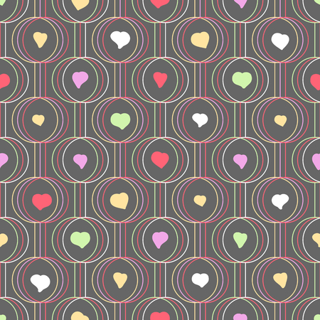 Seamless pattern. Hearts and lines. For Valentine's Day. Geometric. Stylized texture with hearts, circles and lines. Contrast colors. Abstract background.のイラスト素材
