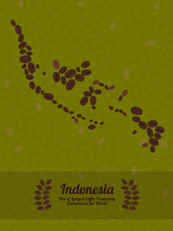 Map of Indonesia made out of coffee beans. Raw green coffee beans background. Coffee beans flyer or leaflet. Indonesia map poster or card.のイラスト素材