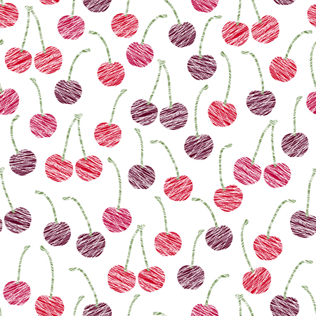 Seamless pattern with scratched cherries, summer harvest background. Endless berry texture, endless cherry background. Dessert backdrop. White background template.のイラスト素材