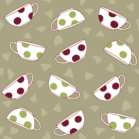 Polka dot background with tea and coffee cups. Brown decoration for background or wrapping.のイラスト素材