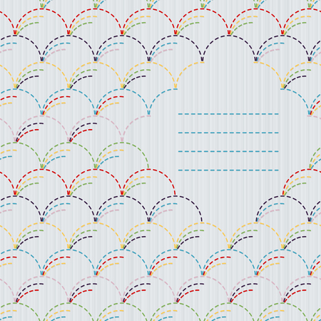 Traditional Japanese Embroidery Ornament with arcs and place for your text. Sashiko. Wind blown grass motif (Nowaki). Abstract backdrop. Needlework texture. Vector. Can be used as seamless pattern.のイラスト素材