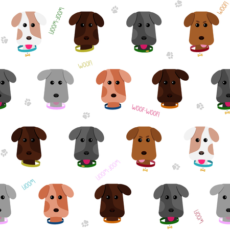 Seamless dog background. Cartoon style. Pattern. Illustration with cute puppies. Happy joyful pets. Pet background. Endless texture. Animal pattern. White backdrop.のイラスト素材
