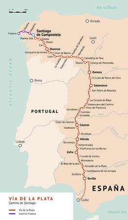 V?a de la Plata map. The Silver route. Camino De Santiago or The Way of St.James in Spain. Ancient pilgrimage path from south of Spain to the Santiago de Compostella.のイラスト素材