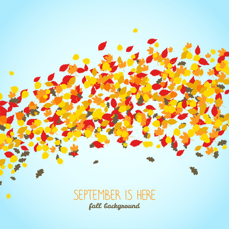 September is Here. Wavy background made of falling leaves. Warm fall background with copy space. Text frame. Colorful foliage card in warm colors. Can be used as postcard or banner.のイラスト素材