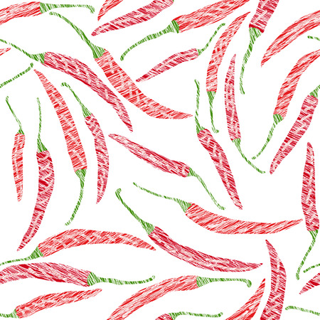 Red hot chili peppers. Scratched texture. Seamless pattern. Summer vegetables. Seasonal ingredients for summer recipes. Vegan. Vegetarian background. Healthy lifestyle.のイラスト素材