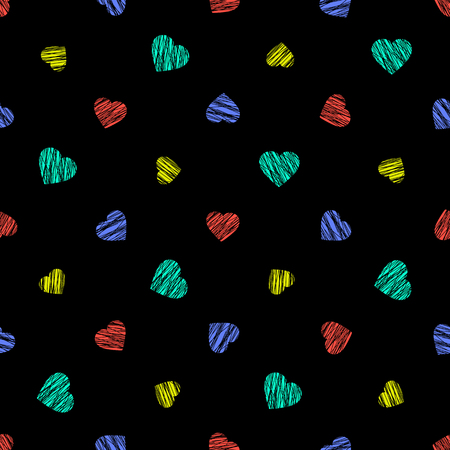 Romantic texture for Valentine's Day. Colorful hearts. Abstract seamless pattern with scratched elements.のイラスト素材