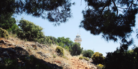Hiking to the Gelidonya Lighthouse. Lycian Way Walking. Trekking in Turkey. Daylight through the pine trees. Aged photo. Walkway through the forest. Summertime in Antalya Province, Turkey.の写真素材