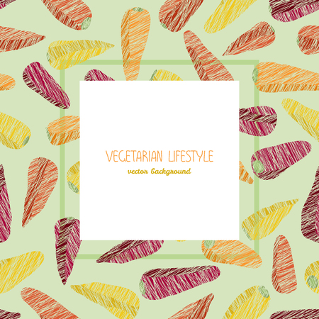 Types of baby carrots. Text frame. Scratched seamless pattern. Copy space. Yellow, orange and purple colors. Healthy lifestyle. Vegetarian background. Hand drawn vegetable texture. Vegan food.のイラスト素材