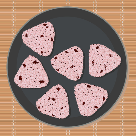 Onigiri set on the grey round plate. Sekihan. Asian snacks filled with Adzuki beans and sesame seeds. Pink sticky rice balls. Japanese cuisine. Illustration. Lunch. Can be used as seamless pattern.のイラスト素材