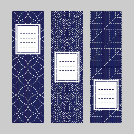 Sashiko banner set. Abstract texture. Traditional Japanese Embroidery Ornament. Set of vertical flyers. Indigo and white colors. Simple design for invitation, postcard or bookmark.のイラスト素材