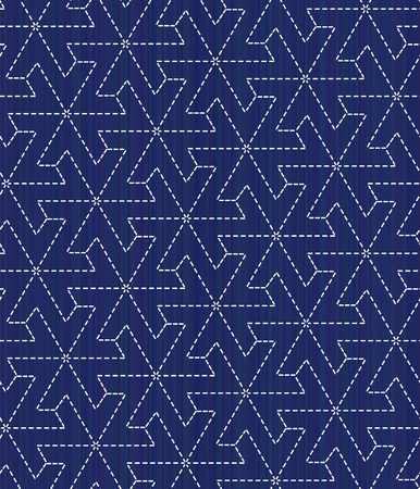 Japanese sashiko motif with stylized flowers. Seamless pattern. Traditional Japanese Embroidery Ornament. Abstract backdrop. For decoration or printing on fabric. Indigo background.のイラスト素材