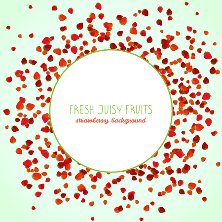Strawberry season postcard with copy space. Fresh juicy fruits. Text frame. Vegetarian flyer. Healthy lifestyle poster. Tiny berry scatter.のイラスト素材