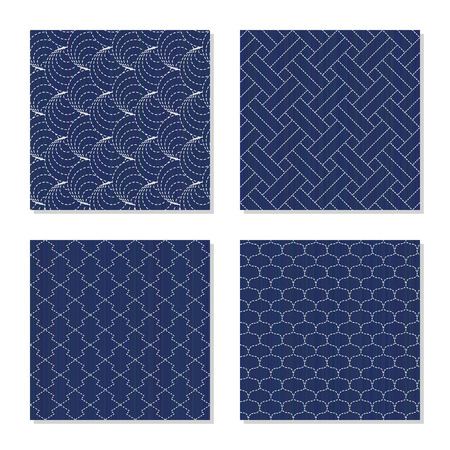 Sashiko. Seamless patterns. Set of abstract textures. Japanese motifs. Four simple backgrounds - shell, pine bark, fishing scales and weaving. Indigo lines and stitches. For pattern fills.のイラスト素材