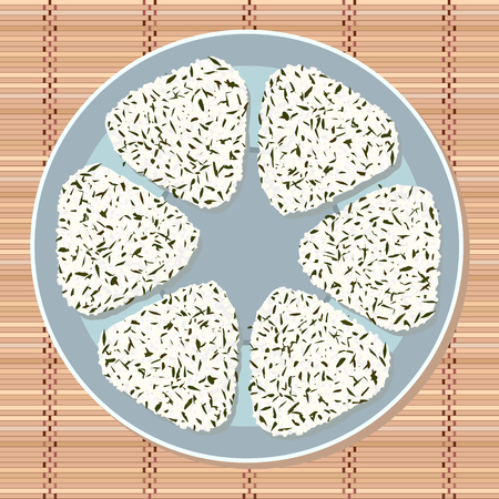 Japanese sticky rice ball with wakame seaweed pieces. Lunch theme. Japanese cuisine. Lunch Illustration. Asian snack plate on the japanese bamboo mat.のイラスト素材