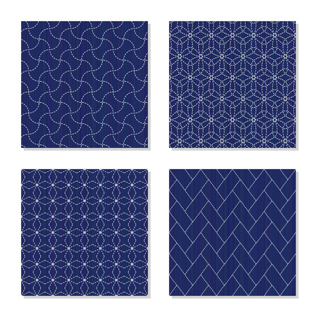 Set of Asian embroidery motifs in Abstract borderless patterns in Four simple textures with White stitches on the indigo blue background For handicraft or decoration.のイラスト素材