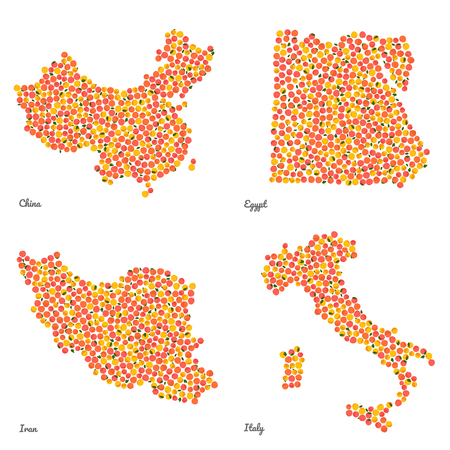 Four country maps made out of pink peaches. Colorful veggie maps. Fruitarian illustration.のイラスト素材
