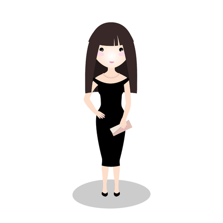 Asian girl wearing a little black dress. Evening outfit. Young lady going on a date. Elegant special occasion dress. Sleeveless Bateau Neck knee length gown. A woman isolated on white background.のイラスト素材