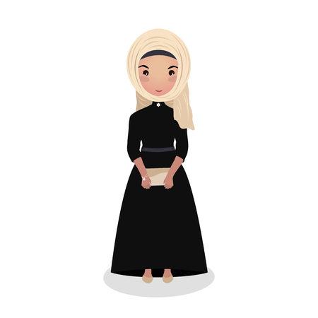 Muslim girl wearing a long black dress. Evening outfit. Young woman going on a date. Elegant gown. Beautiful muslim woman in traditional clothes isolated on white background.のイラスト素材