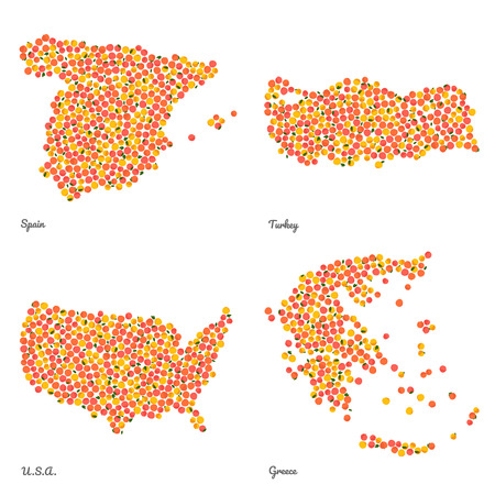 Colorful veggie maps made out of pink peaches, fruitarian illustration. Four country maps made out of pink peaches. Largest peach producing countries for decoration, illustrators or infographics.のイラスト素材