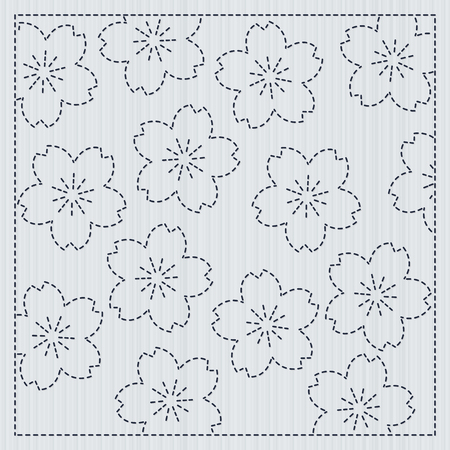 Sakura flowers in the frame. Sashiko. Quilting motif for a fancywork. Traditional japanese embroidery ornament with blooming sakura flowers. Floral backdrop. Needlework texture.のイラスト素材