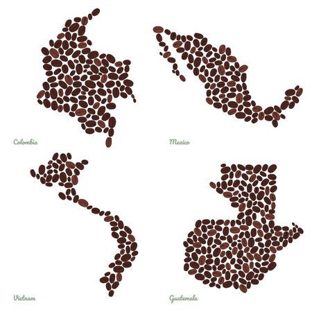 Country maps made out of coffee beans. Vegetarian illustration. Four maps set. Largest coffee producing countries. For illustrators, decoration or info-graphics.のイラスト素材