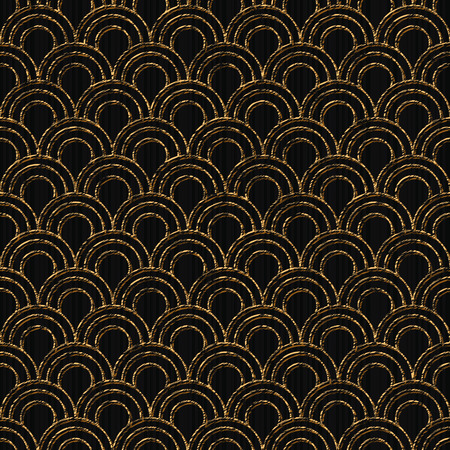 Scratched golden motif based on japanese sashiko. Seamless pattern. Stylized fish scales texture. Black background. Abstract geometric backdrop.のイラスト素材