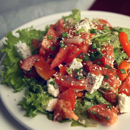Tomato salad on the white plate. European cuisine. Close up. Colorful salad with vegetables and cottage cheese. Lacto vegetarian dish. Tomatoes, celery, leafy greens and sesame seeds.の写真素材