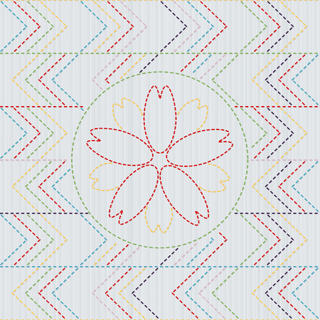 Sashiko abstract seamless pattern, sakura flower in the frame. Quilting motif for a fancywork. Traditional Japanese embroidery with blooming sakura flower backdrop needlework texture.のイラスト素材