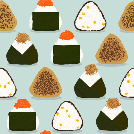Four types of onigiri. Seamless pattern. Sticky rice balls. Japanese cuisine. Illustration. Lunch. Topped with salmon roe. Fried with soy sauce. With sweet corn. Topped with small fry fish.のイラスト素材