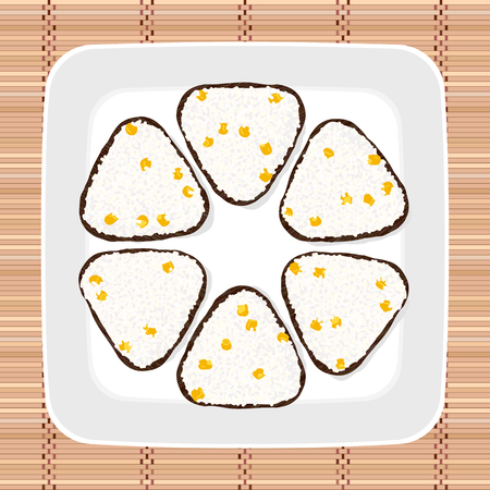Sweet corn onigiri Triangle rice balls wrapped with nori seaweed. Vector illustration.のイラスト素材