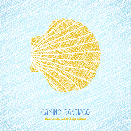 Yellow scallop shell. Symbol of the Camino de Santiago in Spain. Buen Camino! Don't stop walking. Poster. Light background.のイラスト素材