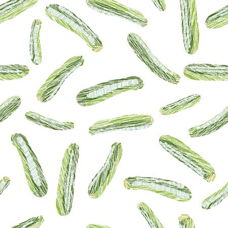 Green zucchini. Scratched seamless pattern. Bountiful harvest texture. Garden background. Organic vegan food. Summer vegetables. Healthy lifestyle.のイラスト素材