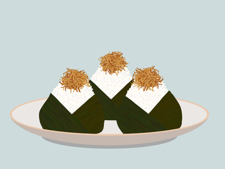 Onigiri topped with small fish fry on the plate. Japanese cuisine. Pescaterian food. Lunch Illustration. Triangle rice balls wrapped with nori seaweed.のイラスト素材