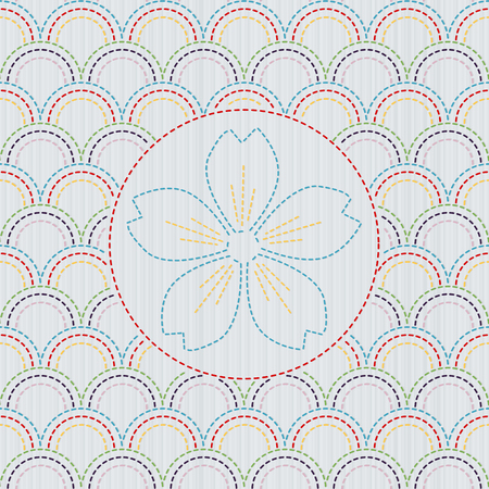 Kimono pattern. Sashiko texture with blooming sakura flower. Abstract seamless texture. Classic japanese quilling. Needlework motif or texture. For handiwork, decoration or printing on fabric.のイラスト素材