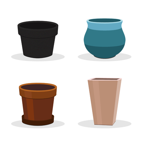 Garden set of four flower pots isolated on white. Gardening equipment. Round and square pots and containers. Terracotta flower pot icons or illustrations.のイラスト素材