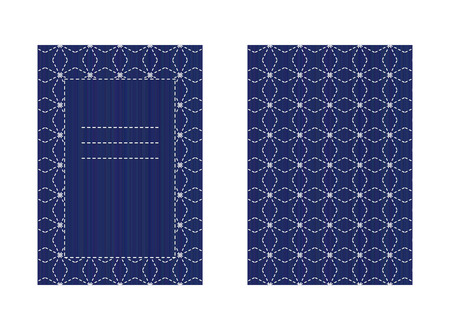 Two-sided Sashiko card isolated on white. Stitching. Classic japanese quilling template. Greeting card layout. Postcard with abstract seamless texture. Japanese kimono motif. Banner with text frame.のイラスト素材