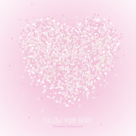 Heart symbol made of flower petals. Copy space. Falling sakura petals. Blooming cherry. Hanami. Japanese Culture. Scatter. Can be used as a poster or banner.のイラスト素材