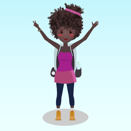 Smiling girl happy to finish the Camino de Santiago. Student with a backpack hiking during a summer trip. A woman travelling alone. Young african-american backpacker illustration.のイラスト素材