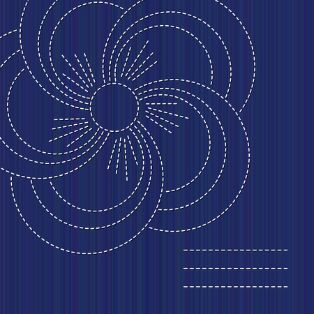 Sashiko banner with blooming sakura flower and copy space. Text frame. Abstract seamless texture. Indigo color. Classic japanese quilling. Needlework texture. For handiwork, banner or postcard decor.のイラスト素材