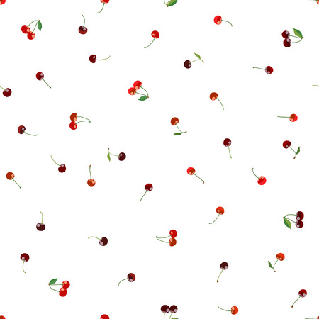 Ripe purple cherries. Seamless pattern. Cherry harvest. Colorful fruit texture. Summer background. Vegetarian dessert. Sweet red berries. For decoration or printing on fabric.のイラスト素材
